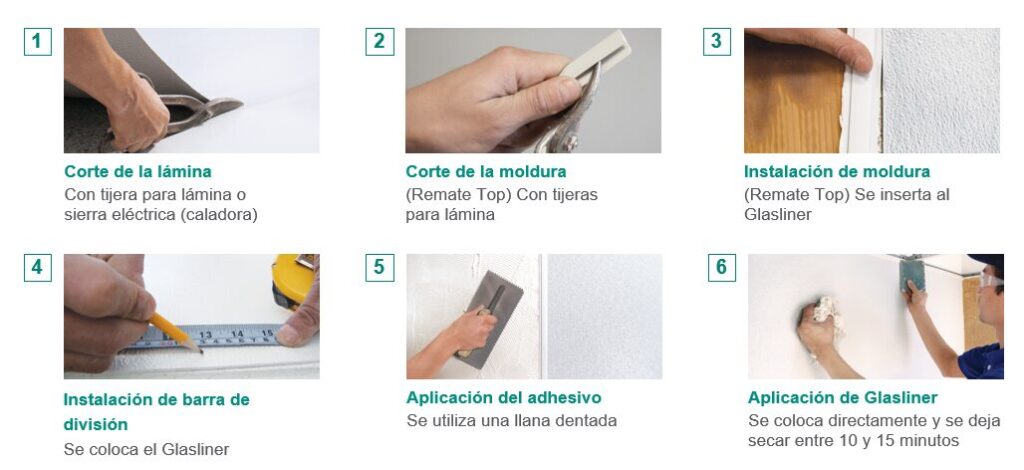 Guía de instalación de recubrimiento plástico Glasliner 1. Corte de la lámina Con tijera para lámina o sierra eléctrica (caladora).2.Corte de la moldura (Remate Top) Con tijeras para lámina.3. Instalación de moldura (Remate Top) Se inserta al Glasliner.4.Instalación de barra de división Se coloca el Glasliner.5.Aplicación del adhesivo Se utiliza una llana dentada.6.Aplicación de Glasliner Se coloca directamente y se deja secar entre 10 y 15 minutos.